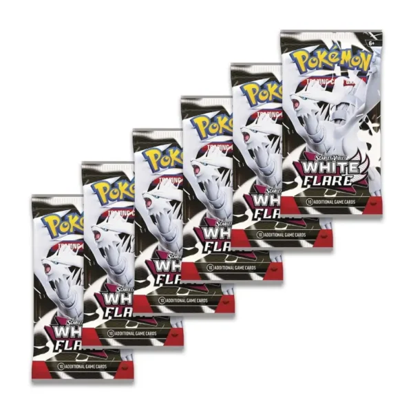Seis sobres de la expansión Pokémon TCG Scarlet & Violet—White Flare, cada uno con 10 cartas y 1 Energía Básica.