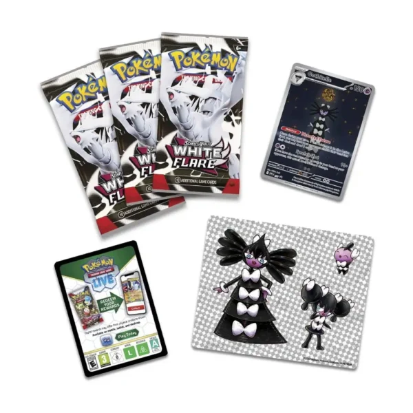 Carta promocional de Gothitelle, hoja de stickers, código TCG Live y 3 sobres de White Flare