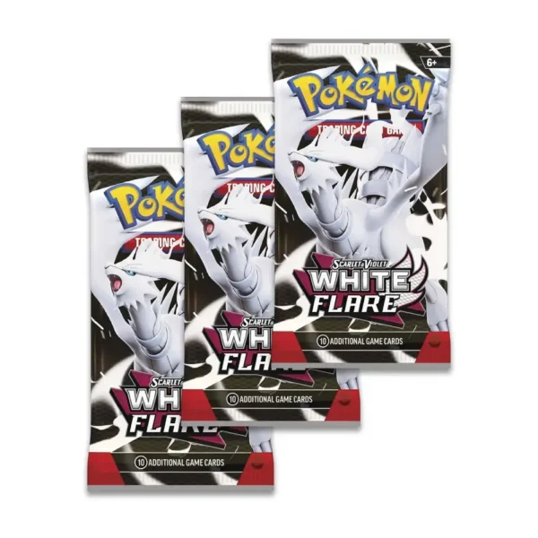 Tres sobres sellados de la expansión Scarlet & Violet: White Flare con diseño de Reshiram
