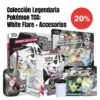 Imagen de la Colección Legendaria Pokémon TCG, un bundle completo con la White Flare Binder Collection, Booster Bundle, Poster Collection, Tech Sticker Collection, Mini Tin, Estuche Magnético One Touch y Sleeves Perfect Fit, destacando un 20% de descuento