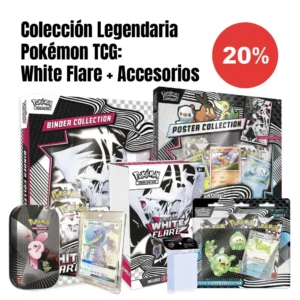 Imagen de la Colección Legendaria Pokémon TCG, un bundle completo con la White Flare Binder Collection, Booster Bundle, Poster Collection, Tech Sticker Collection, Mini Tin, Estuche Magnético One Touch y Sleeves Perfect Fit, destacando un 20% de descuento