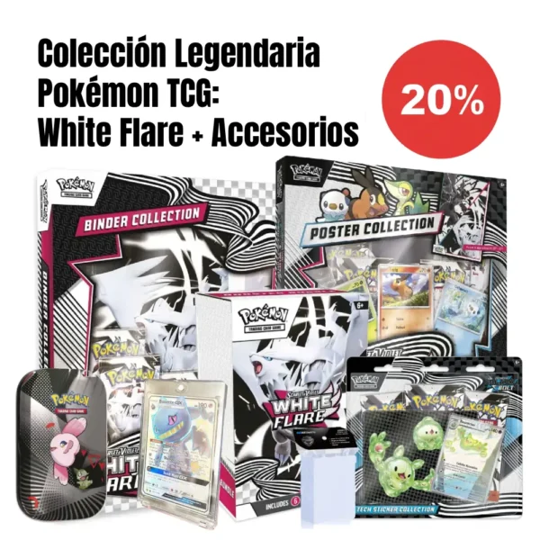 Imagen de la Colección Legendaria Pokémon TCG, un bundle completo con la White Flare Binder Collection, Booster Bundle, Poster Collection, Tech Sticker Collection, Mini Tin, Estuche Magnético One Touch y Sleeves Perfect Fit, destacando un 20% de descuento