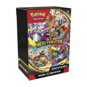 Caja sellada del Pokémon TCG Mega Evolution Booster Bundle, que contiene 6 sobres de la expansión con Mega Lucario ex y Mega Gardevoir ex en la portada.