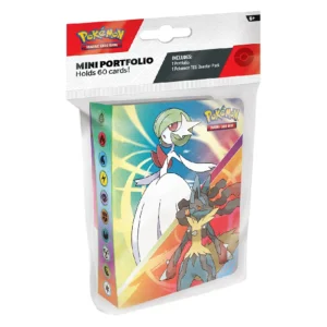 Mini portfolio de Pokémon TCG con diseño de Mega Gardevoir y Mega Lucario, con capacidad para 60 cartas y un sobre de expansión incluido