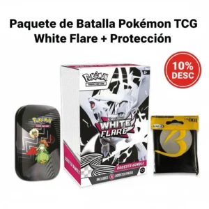Imagen del Paquete de Batalla Pokémon TCG que incluye el White Flare Booster Bundle de 6 sobres, una Mini Tin de Unova y un paquete de Penny Sleeves, con un distintivo del 10% de descuento.