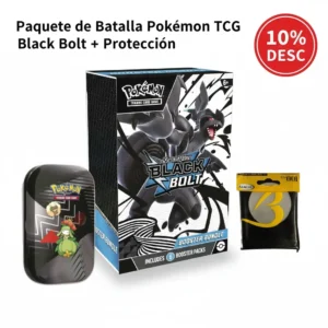 Imagen del Paquete de Batalla Pokémon TCG que incluye el Black Bolt Booster Bundle de 6 sobres, una Mini Tin de Unova y un paquete de Penny Sleeves, con un distintivo del 10% de descuento.