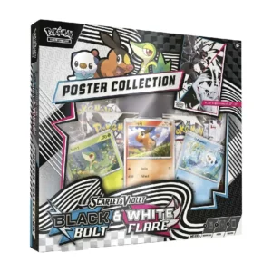 Caja del producto Pokémon TCG: Unova Poster Collection con promos de Snivy, Tepig y Oshawott y sobres de Black Bolt y White Flare