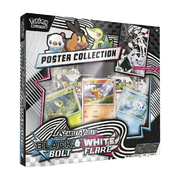 Caja del producto Pokémon TCG: Unova Poster Collection con promos de Snivy, Tepig y Oshawott y sobres de Black Bolt y White Flare
