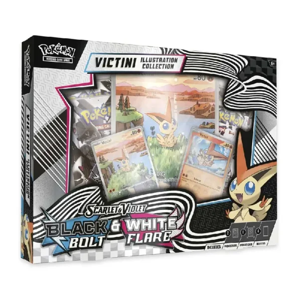 Vista frontal y lateral de la caja sellada de la Colección Victini de Unova de Pokémon TCG, mostrando las cartas promocionales de Victini y los logos de Scarlet & Violet Black Bolt y White Flare