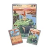 Las tres cartas exclusivas de Victini de la Colección Victini de Unova: una carta foil de arte completo, una carta premium paralela foil y una carta foil de tamaño gigante, todas con Victini