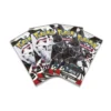 Cuatro sobres de expansión de Pokémon TCG Scarlet & Violet: dos de Black Bolt (negros) y dos de White Flare (blancos), con artes de Zekrom y Reshiram