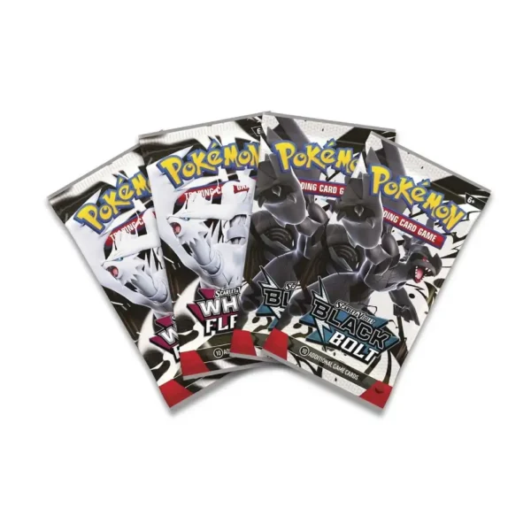 Cuatro sobres de expansión de Pokémon TCG Scarlet & Violet: dos de Black Bolt (negros) y dos de White Flare (blancos), con artes de Zekrom y Reshiram