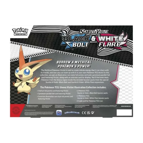 Información detallada y contenido de la Colección Victini de Unova de Pokémon TCG, con Victini y logos de Black Bolt y White Flare