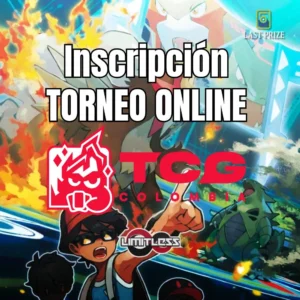 Inscripción para el Torneo Online de la Liga TCG Colombia en LimitlessTCG. El diseño muestra un fondo de ilustración de Pokémon TCG con los logos de TCG Colombia y Limitless, y un texto en primer plano que dice "Inscripción Torneo Online".