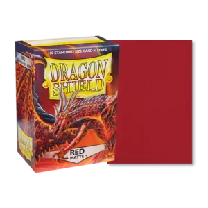 Fundas Dragon Shield Matte Red Caja de fundas Dragon Shield Matte Red (Rojo Mate) de tamaño estándar (100 unidades) para cartas, con el arte del dragón en la caja, y una funda roja mate individual mostrada a la derecha.