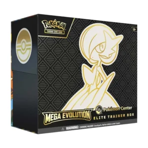 caja-cerrada-etb-mega-evolution-mega-gardevoir-ex-coleccion Caja sellada y exclusiva de la Elite Trainer Box Mega Evolution con el diseño principal en blanco y negro de Mega Gardevoir ex. Producto de Pokémon TCG en español.