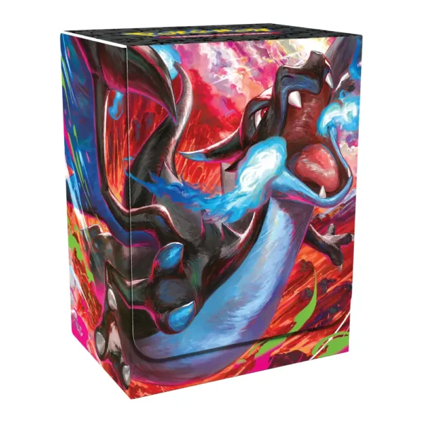 Caja portamazo oficial de Pokémon TCG con diseño de Mega Charizard X. Accesorio de plástico exclusivo de la Ultra Premium Collection.