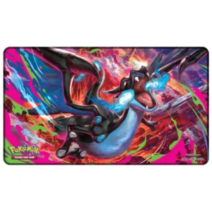 Tablero de juego (Playmat) extendido de Pokémon TCG con arte de Mega Charizard X y llamas azules. Accesorio oficial de goma.