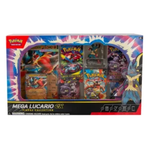 Caja de colección Pokémon TCG Mega Lucario ex Figure Collection. Incluye figura detallada, carta promo y 5 sobres de cartas en inglés.