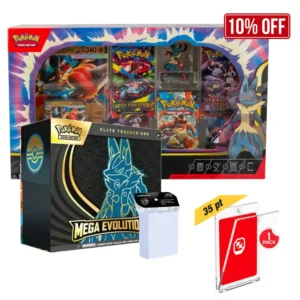 Bundle exclusivo de Pokémon TCG con Elite Trainer Box de Mega Lucario, Figura coleccionable, fundas protectoras y case magnético.