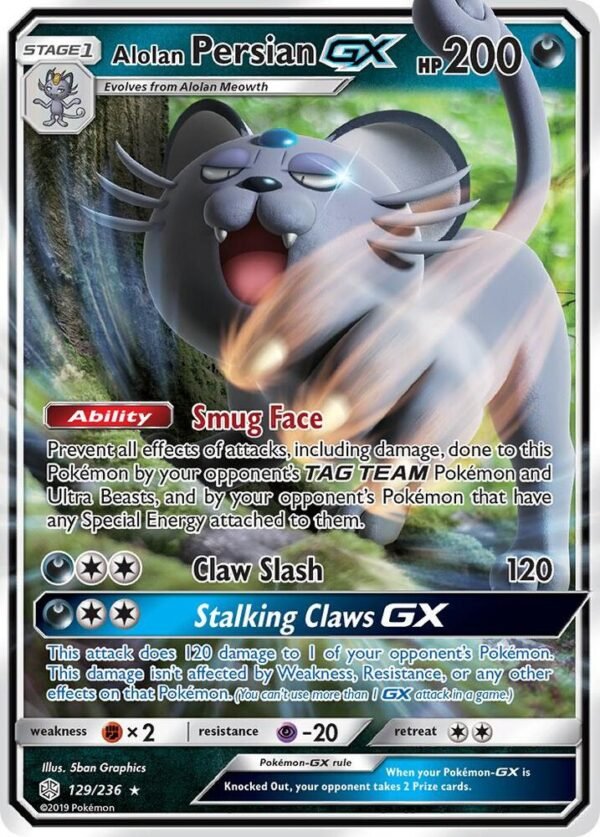 Alolan Persian GX 129/236 Holofoil SM – Cosmic Eclipse Alolan Persian GX 129/236 Holofoil SM – Cosmic Eclipse