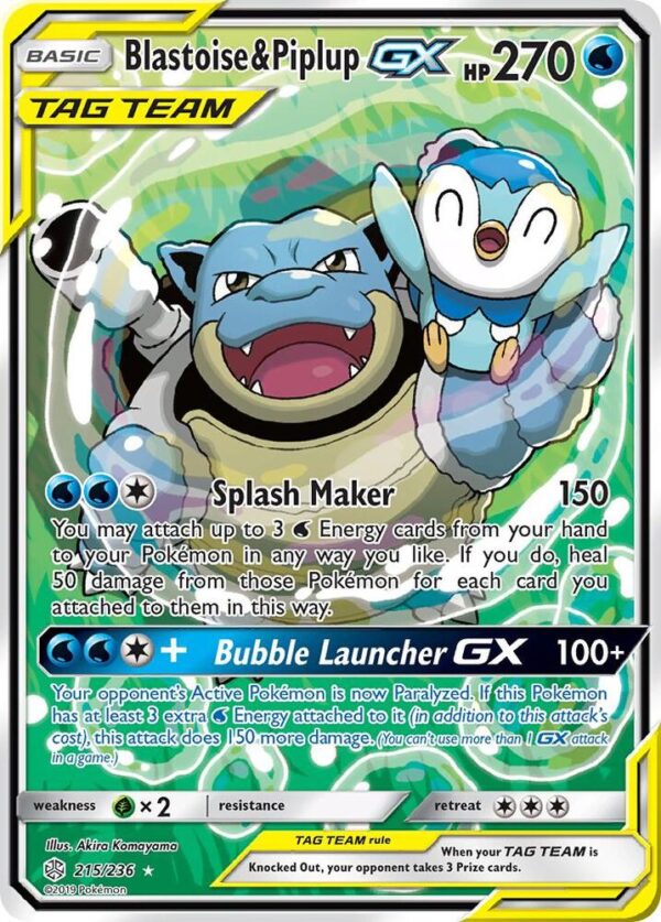 Blastoise & Piplup GX (Alternate Full Art) 215/236 Holofoil SM – Cosmic Eclipse Blastoise & Piplup GX (Alternate Full Art) 215/236 Holofoil SM – Cosmic Eclipse