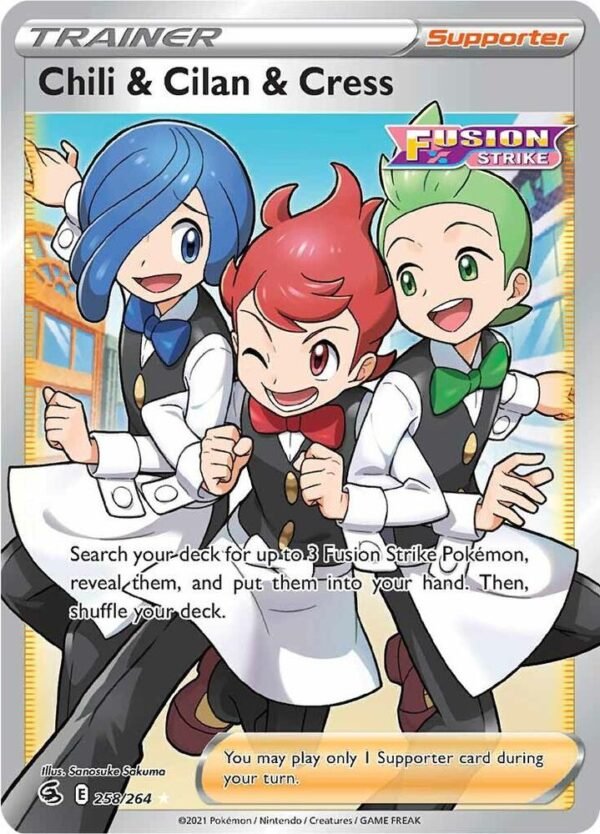 Chili & Cilan & Cress (Full Art) 258/264 Holofoil SWSH08: Fusion Strike Chili & Cilan & Cress (Full Art) 258/264 Holofoil SWSH08: Fusion Strike