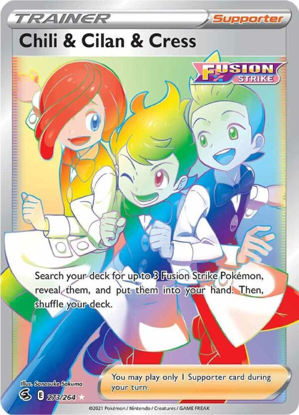 Chili & Cilan & Cress (Secret) 273/264 Holofoil SWSH08: Fusion Strike Chili & Cilan & Cress (Secret) 273/264 Holofoil SWSH08: Fusion Strike