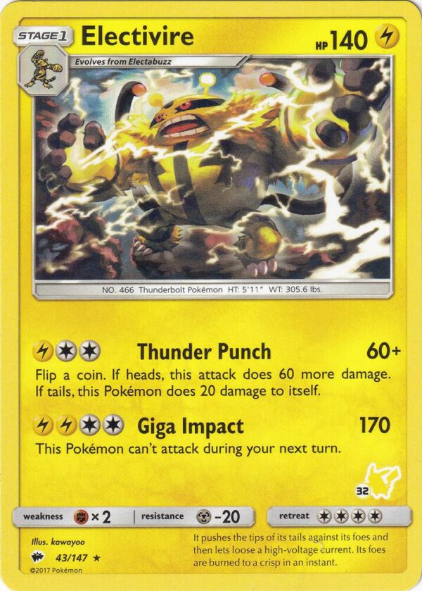 Electivire- 43/147 (#32 Pikachu Stamped) 043/147 Normal Battle Academy Electivire- 43/147 (#32 Pikachu Stamped) 043/147 Normal Battle Academy