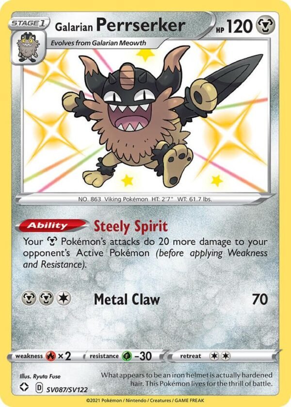 Galarian Perrserker SV087/SV122 Holofoil Shining Fates: Shiny Vault Galarian Perrserker SV087/SV122 Holofoil Shining Fates: Shiny Vault