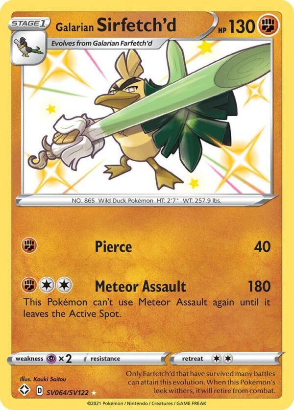 Galarian Sirfetch’d SV064/SV122 Holofoil Shining Fates: Shiny Vault Galarian Sirfetch’d SV064/SV122 Holofoil Shining Fates: Shiny Vault