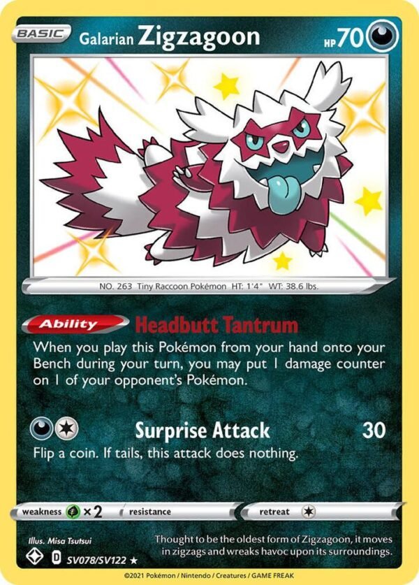Galarian Zigzagoon SV078/SV122 Holofoil Shining Fates: Shiny Vault Galarian Zigzagoon SV078/SV122 Holofoil Shining Fates: Shiny Vault