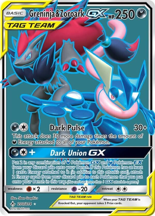 Greninja & Zoroark GX (200) (Full Art) 200/214 Holofoil SM – Unbroken Bonds Greninja & Zoroark GX (200) (Full Art) 200/214 Holofoil SM – Unbroken Bonds