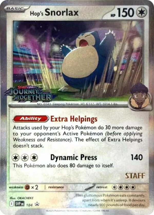 Hop’s Snorlax 184 (Prerelease) [Staff] Holofoil SV: Scarlet & Violet Promo Cards