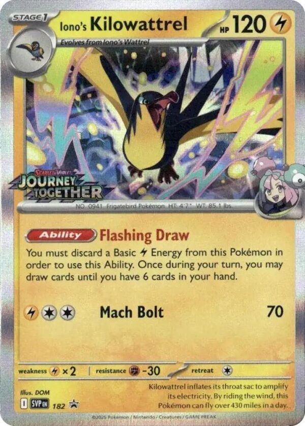 Iono’s Kilowattrel 182 (Prerelease) Holofoil SV: Scarlet & Violet Promo Cards Iono’s Kilowattrel 182 (Prerelease) Holofoil SV: Scarlet & Violet Promo Cards