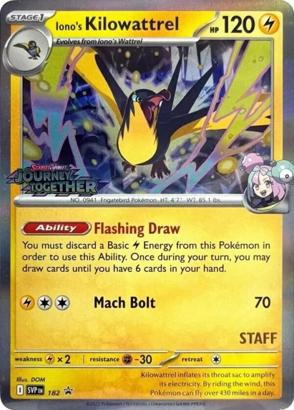 Iono’s Kilowattrel 182 (Prerelease) [Staff] Holofoil SV: Scarlet & Violet Promo Cards