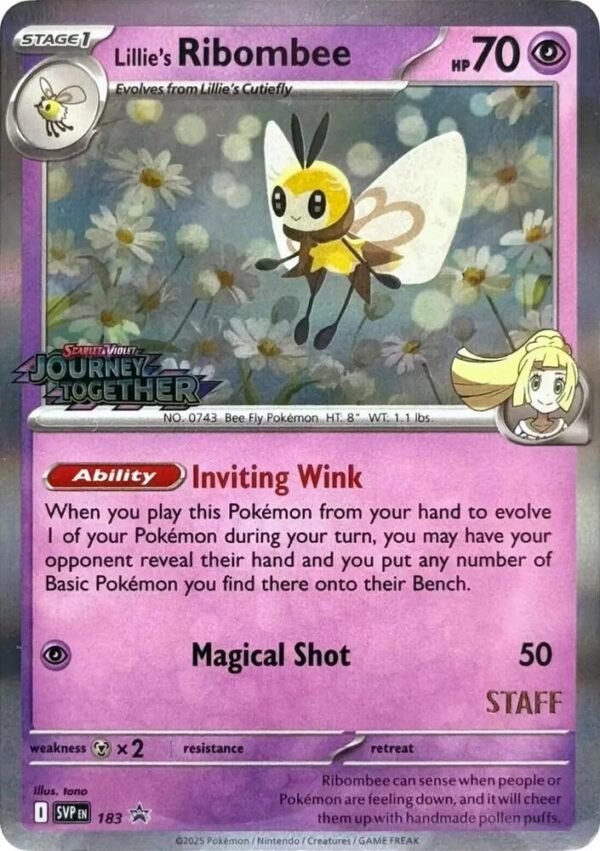 Lillie’s Ribombee 183 (Prerelease) [Staff] Holofoil SV: Scarlet & Violet Promo Cards