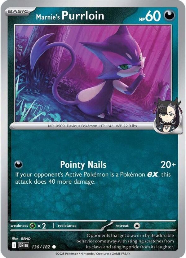 Marnie’s Purrloin 130/182 Reverse Holofoil SV10: Destined Rivals Marnie’s Purrloin 130/182 Reverse Holofoil SV10: Destined Rivals