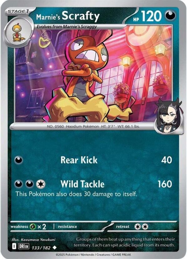 Marnie’s Scrafty 133/182 Reverse Holofoil SV10: Destined Rivals Marnie’s Scrafty 133/182 Reverse Holofoil SV10: Destined Rivals