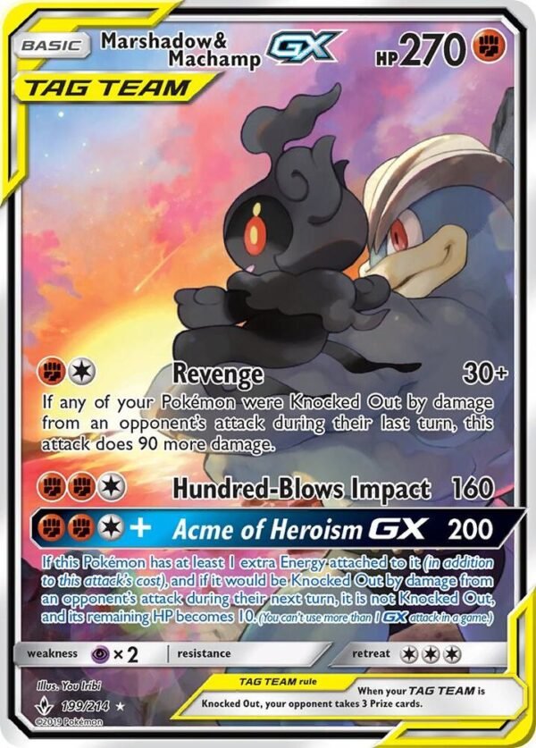 Marshadow & Machamp GX (199) (Full Art) 199/214 Holofoil SM – Unbroken Bonds