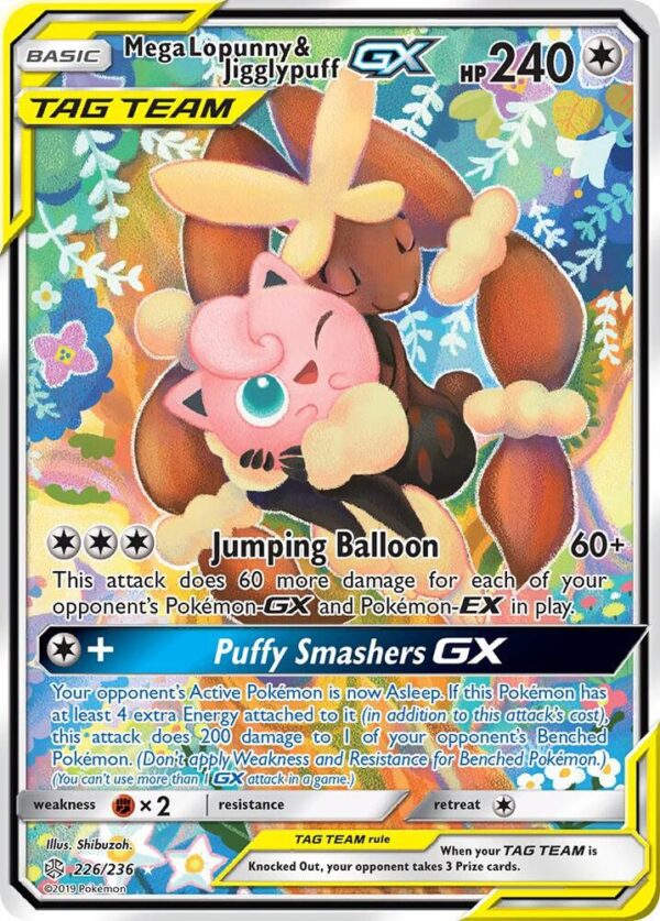 Mega Lopunny & Jigglypuff GX (Alternate Full Art) 226/236 Holofoil SM – Cosmic Eclipse Mega Lopunny & Jigglypuff GX (Alternate Full Art) 226/236 Holofoil SM – Cosmic Eclipse