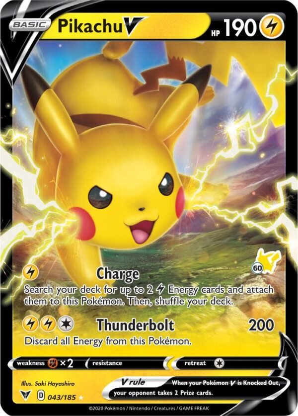 Pikachu V 043/185 (#60 Pikachu Stamped) Holofoil Battle Academy 2022 Pikachu V 043/185 (#60 Pikachu Stamped) Holofoil Battle Academy 2022