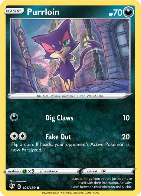 Purrloin 106/189 Reverse Holofoil SWSH03: Darkness Ablaze Purrloin 106/189 Reverse Holofoil SWSH03: Darkness Ablaze