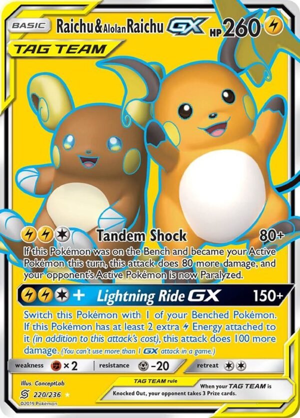 Raichu & Alolan Raichu GX (Full Art) 220/236 Holofoil SM – Unified Minds