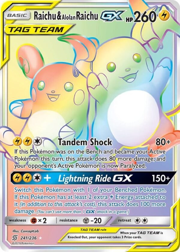 Raichu & Alolan Raichu GX (Secret) 241/236 Holofoil SM – Unified Minds