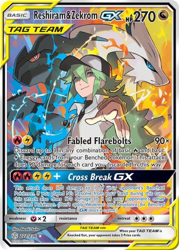 Reshiram & Zekrom GX (Full Art) 222/236 Holofoil SM – Cosmic Eclipse Reshiram & Zekrom GX (Full Art) 222/236 Holofoil SM – Cosmic Eclipse