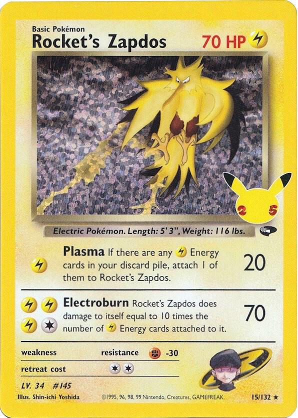 Rocket’s Zapdos 15/132 Holofoil Celebrations: Classic Collection Rocket’s Zapdos 15/132 Holofoil Celebrations: Classic Collection