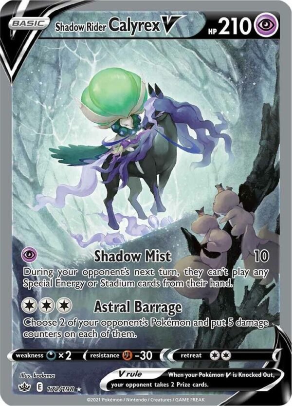 Shadow Rider Calyrex V (Alternate Full Art) 172/198 Holofoil SWSH06: Chilling Reign Shadow Rider Calyrex V (Alternate Full Art) 172/198 Holofoil SWSH06: Chilling Reign