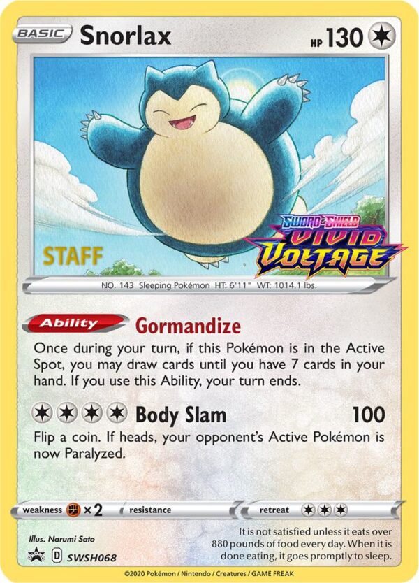 Snorlax SWSH068 (Prerelease) [Staff] Holofoil SWSH: Sword & Shield Promo Cards