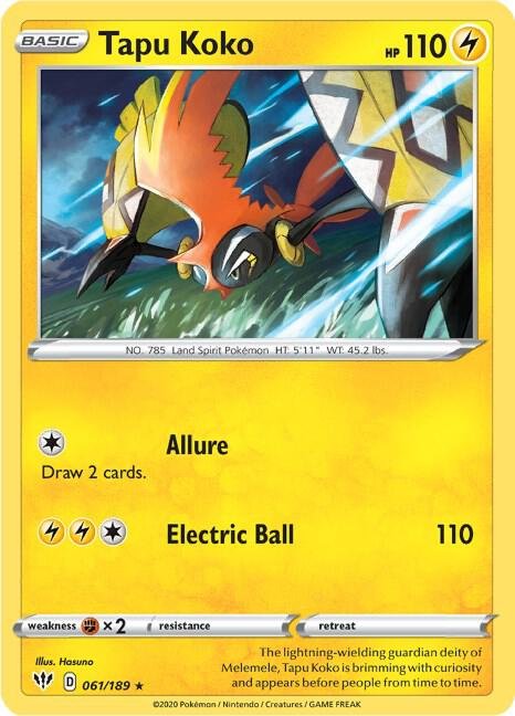 Tapu Koko 061/189 Holofoil SWSH03: Darkness Ablaze Tapu Koko 061/189 Holofoil SWSH03: Darkness Ablaze